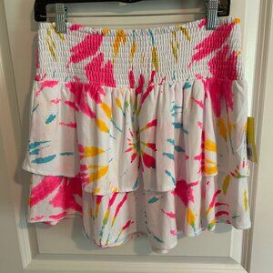 Cabana by Crown & Ivy Tie Dye Shirred Waist Tiered Ruffle Mini Shirt Large - New